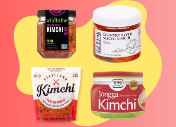 A selection of supermarket brand kimchi set against a colorful background