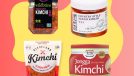 A selection of supermarket brand kimchi set against a colorful background