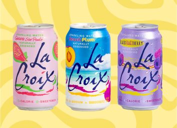 A trio of LaCroix sparking water flavors set against a vibrant yellow background