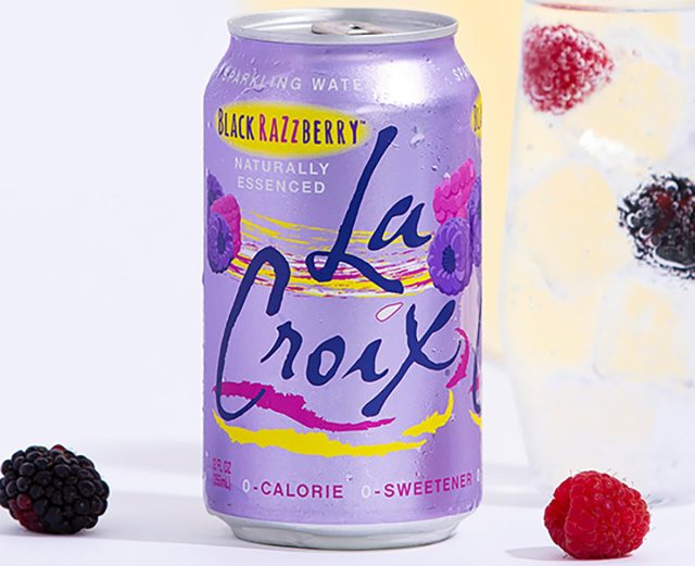 A can of black razzbery-flavored LaCroix sparkling water