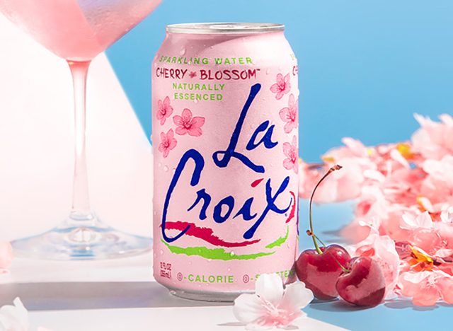A can of cherry blossom-flavored LaCroix sparkling water