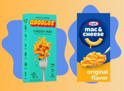 Boxes of Goodles and Kraft brand macaroni and cheese set against a colorful background.