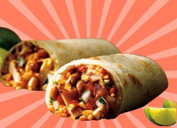 A pair of Mexicano burritos from Baja Fresh set against a vibrant reddish background