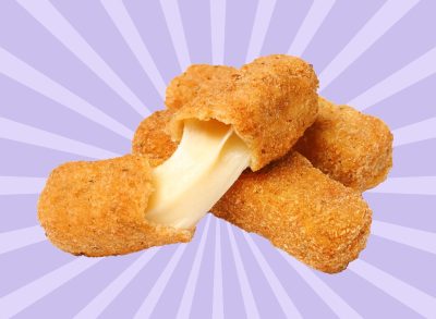 A trio of fried mozzarella sticks, one oozing white cheese, set against a vibrant purple background.