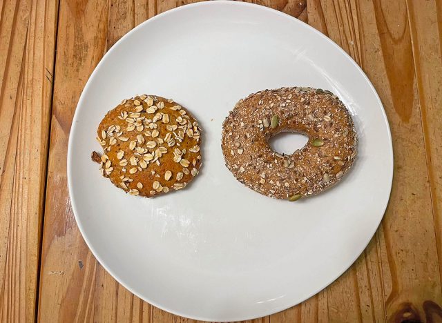 A pair of multigrain bagels from Panera Bread (left) and Einstein Bros. (right)