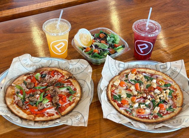 Two pizzas, two drinks and a salad from Pieology Pizzeria