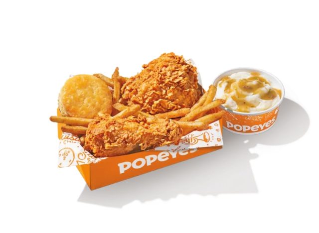 Popeyes Big Box meal with chicken, fries, a biscuit, and mashed potatoes