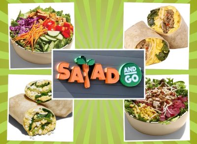 four pictures of menu items and Salad & Go sign on a green background