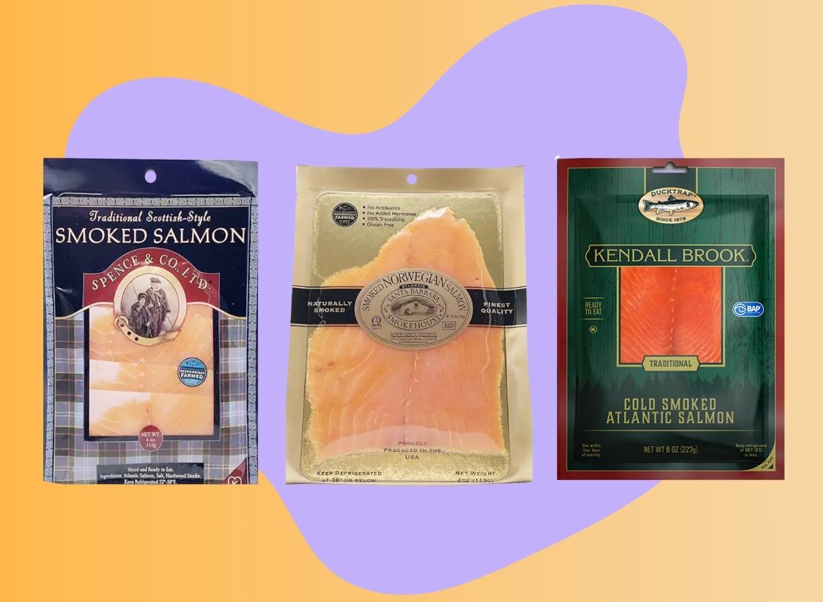 A trio of smoked salmon packages set against a colorful background.