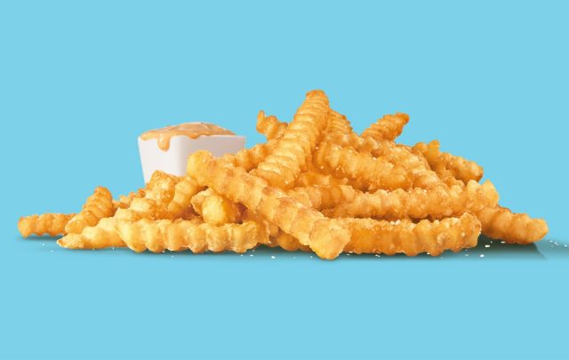 Sonic Groovy Fries and Groovy Sauce on light blue background