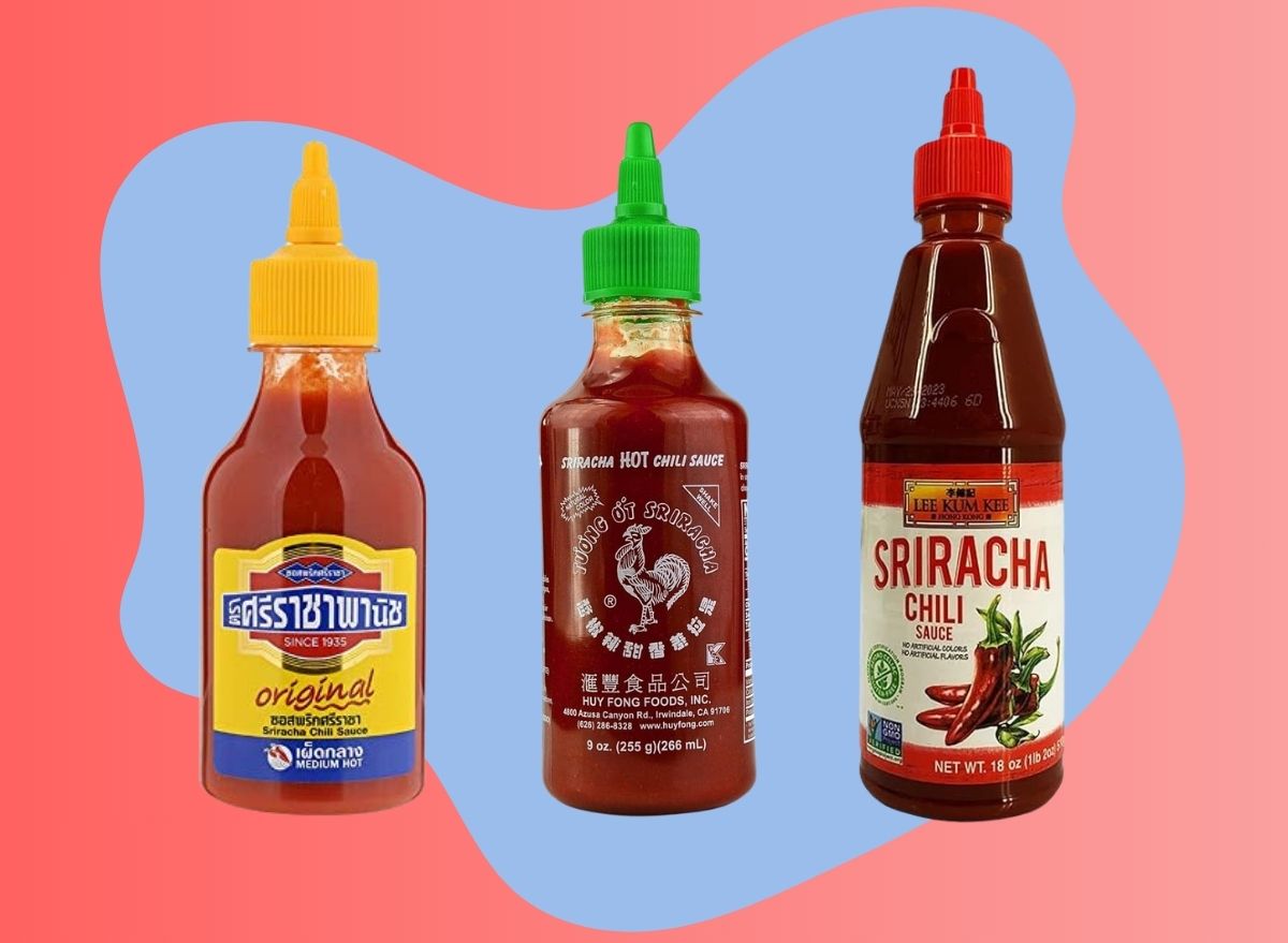 A trio of Sriracha sauce brands set against a colorful background