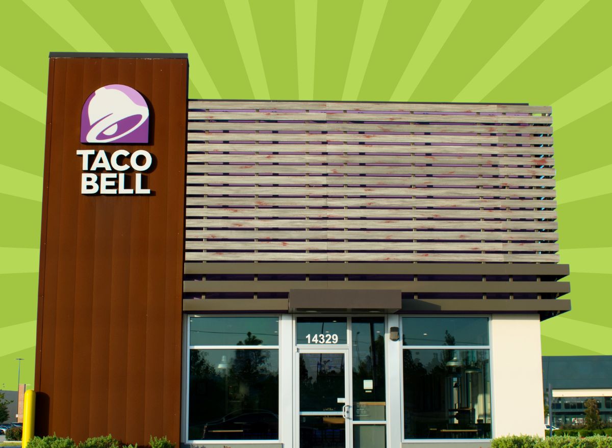 Taco Bell exterior on striped green background