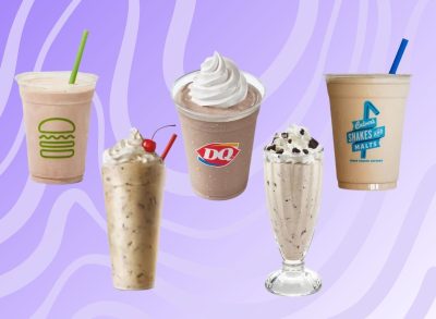 five restaurant milkshakes on a purple background