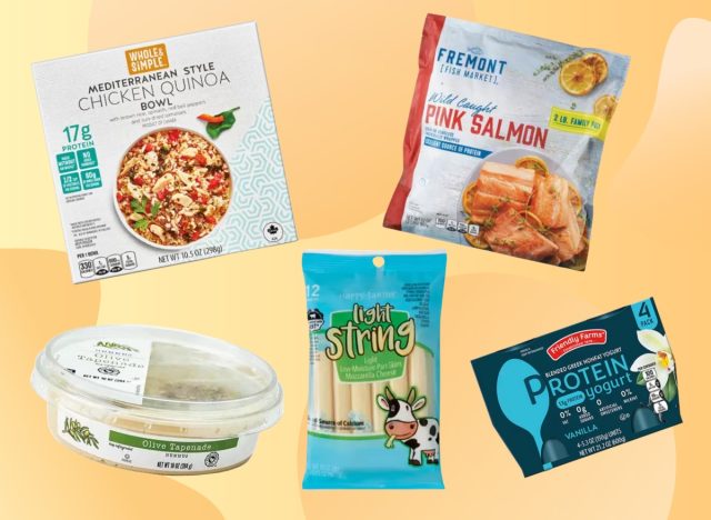 collage of the best Aldi foods for weight loss on yellow backdrop