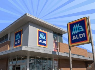 aldi storefront on blue designed background