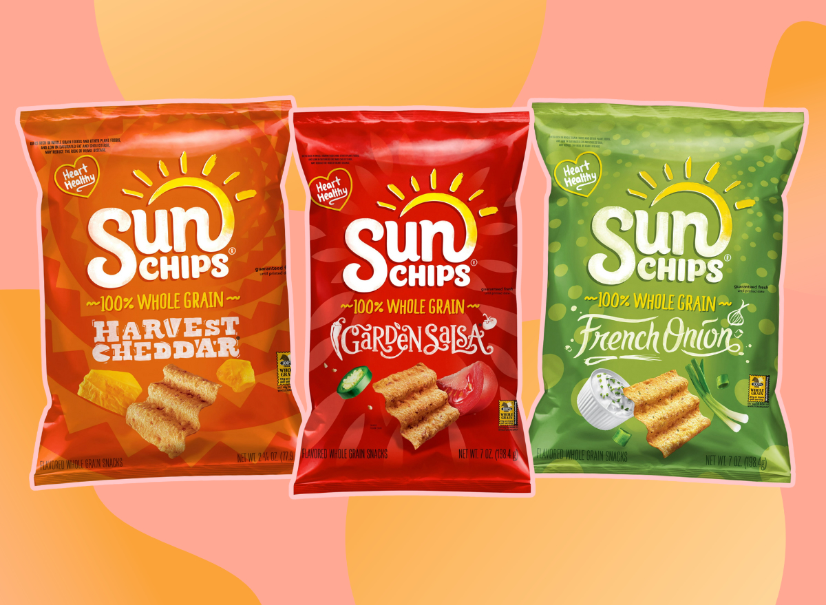 collage of three sunchips bags on a designed pink and orange background