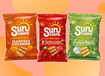 collage of three sunchips bags on a designed pink and orange background