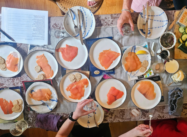 assorted smoked salmon on a table