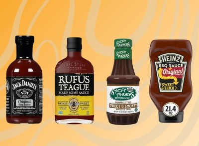 Four store-bought BBQ sauces on a graphic background