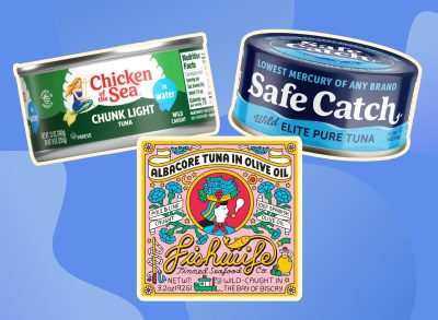 a collage of healthy canned tuna on a designed blue background