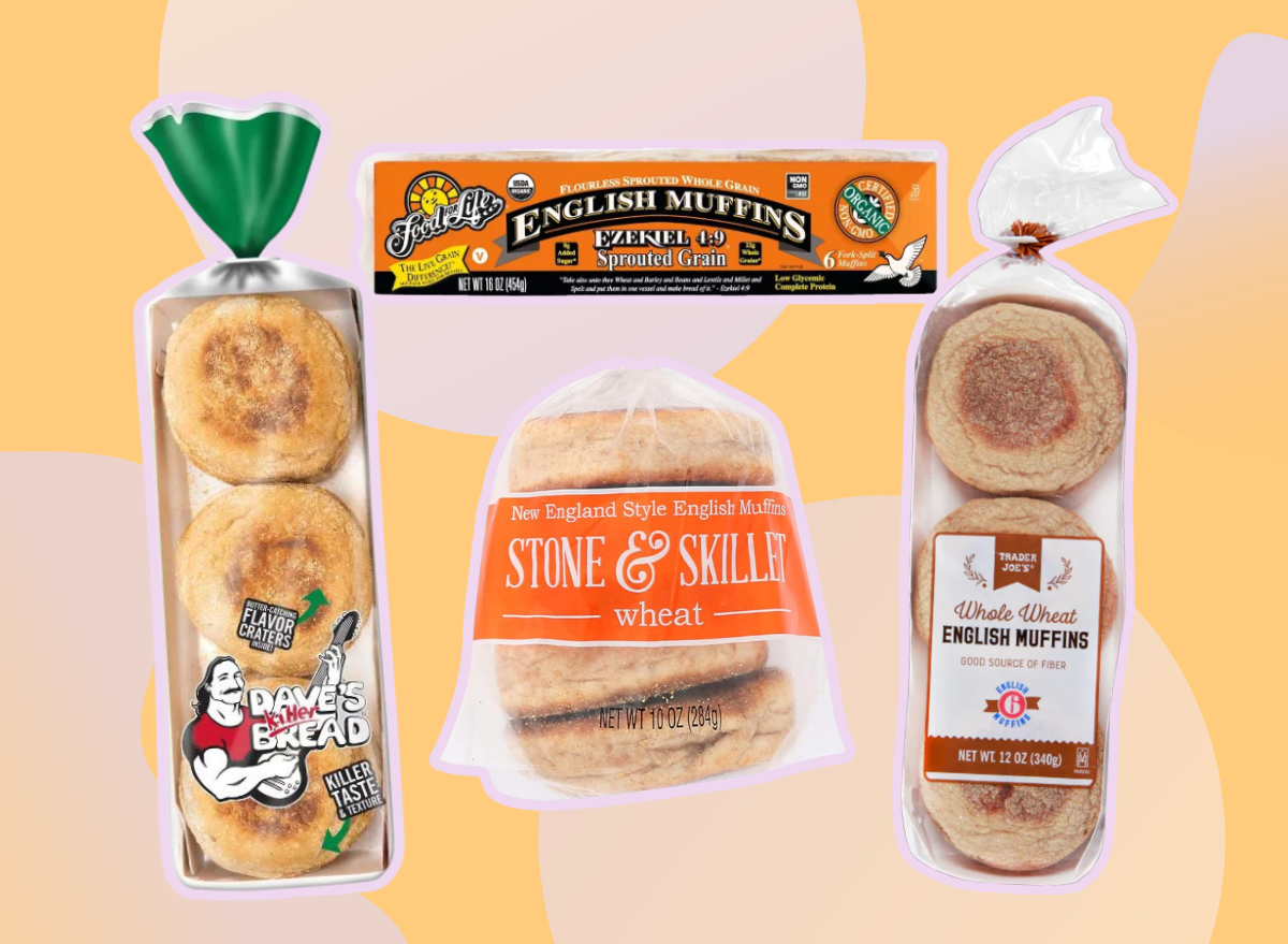 best english muffins collage of four muffins on a designed orange background