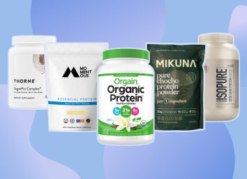 collage of five of the best protein powders for weight loss on a designed blue background