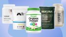 collage of five of the best protein powders for weight loss on a designed blue background