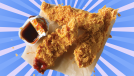 A closeup of three chicken tenders and dipping sauce set against a vibrant background