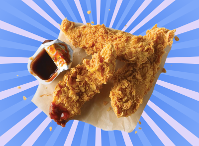 A closeup of three chicken tenders and dipping sauce set against a vibrant background