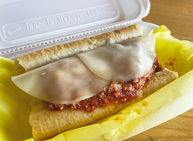a meatball sub in a styrofoam container from capriotti's 
