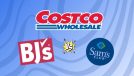 a collage of costco, BJ's and sam's club logos on a designed blue background
