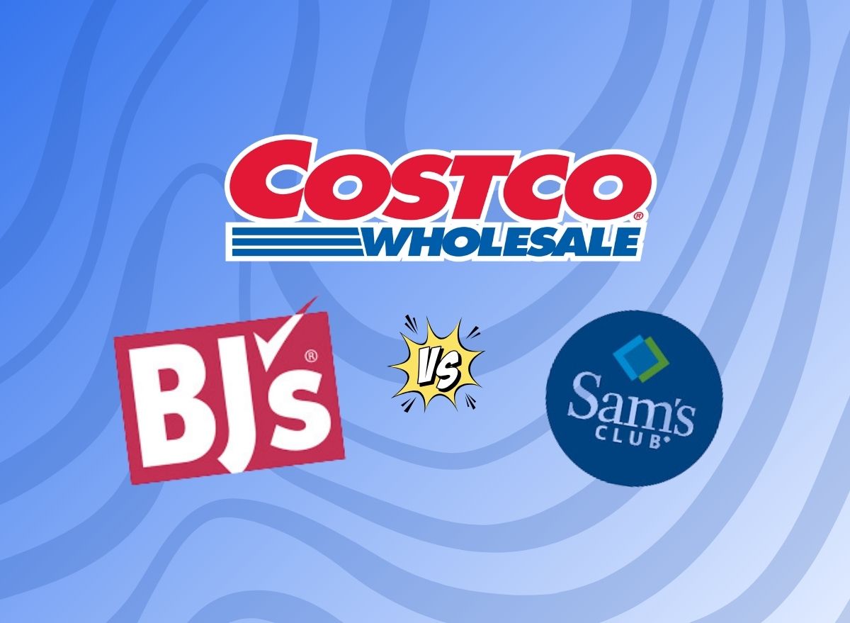 a collage of costco, BJ's and sam's club logos on a designed blue background