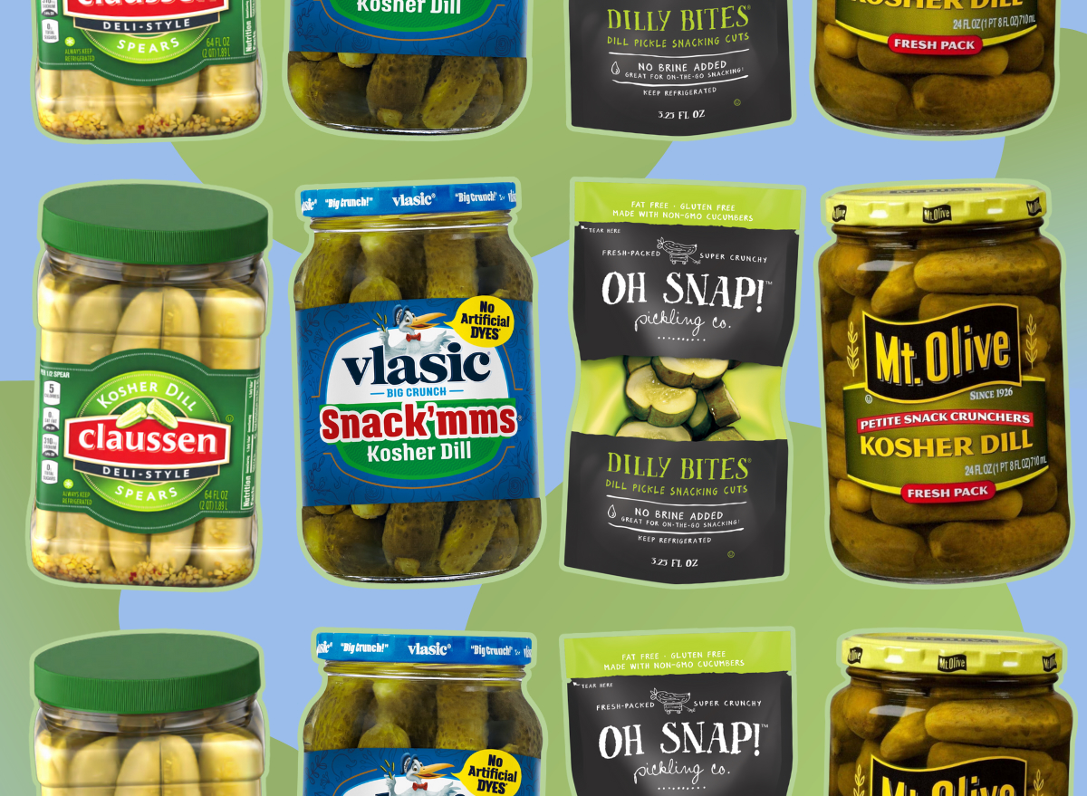 collage of pickle brands that are high in sodium on a designed blue and green background