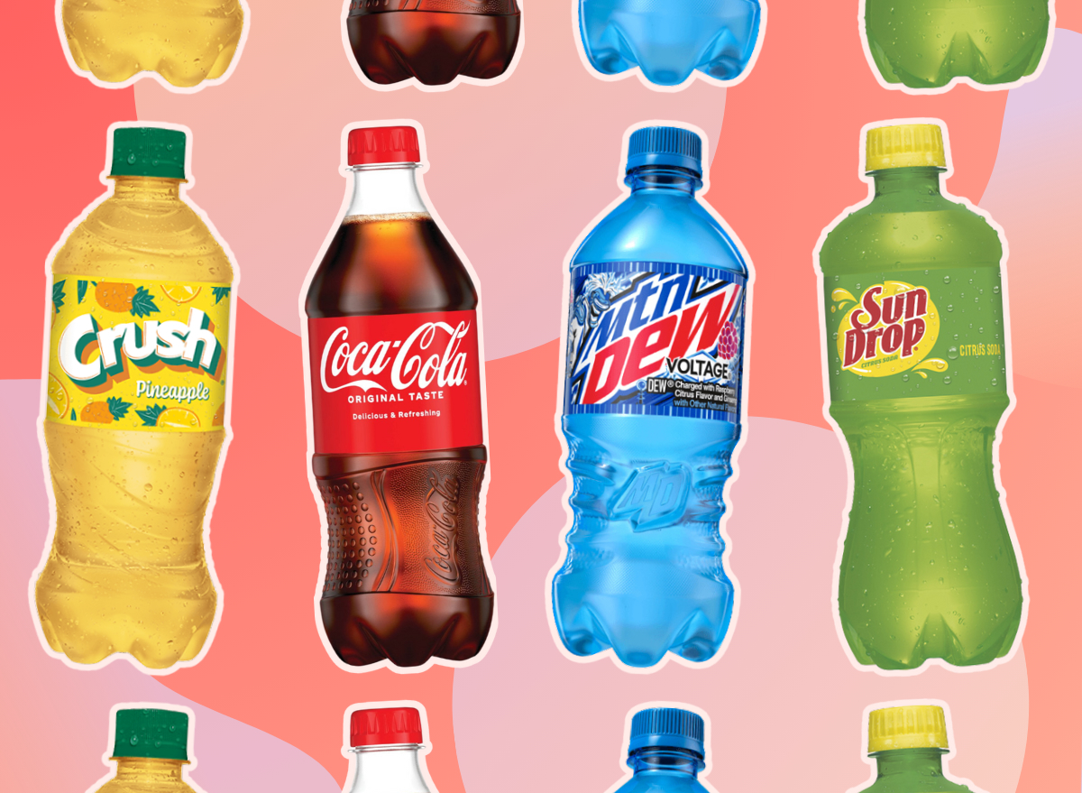 collage of four high sugar sodas on a designed red background