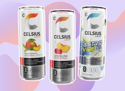 are celsius energy drinks healthy concept of three cans on a designed purple background