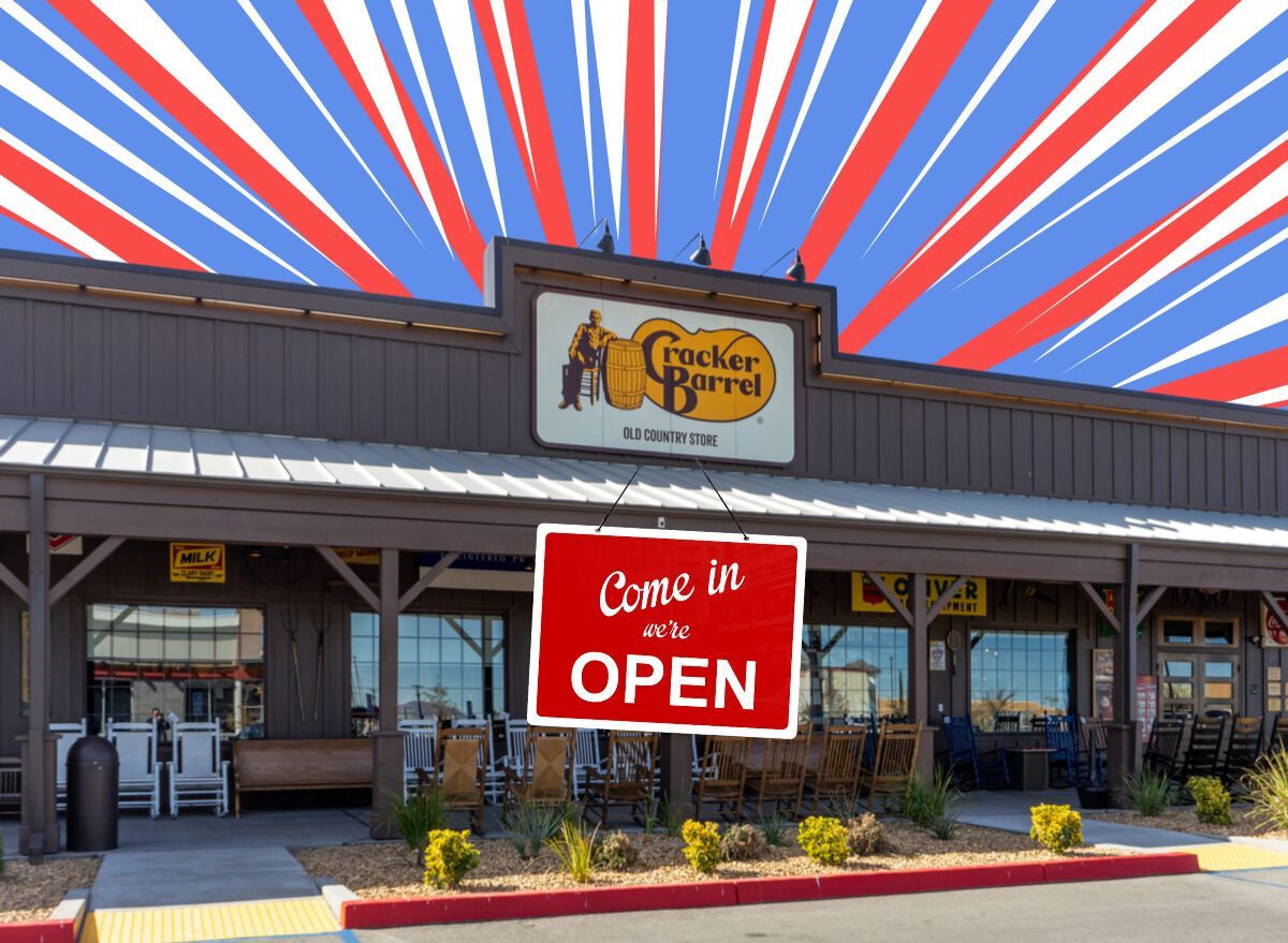 a photo of a cracker barrel storefront with an 'open' sign on a red, white, and blue striped background