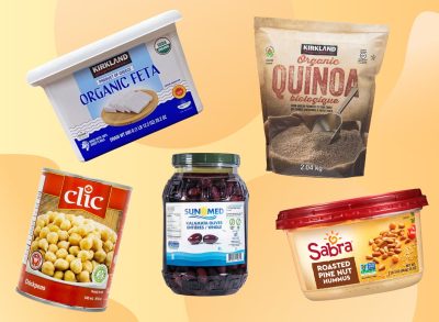 design of some of the best Mediterranean diet foods you can buy at Costco, including kalamata olives and chickpeas