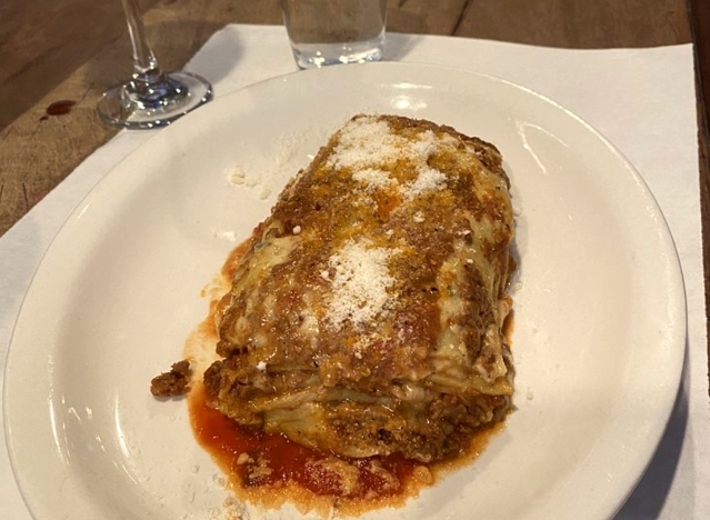 a plate of lasagna from brooklyn's noodle pudding