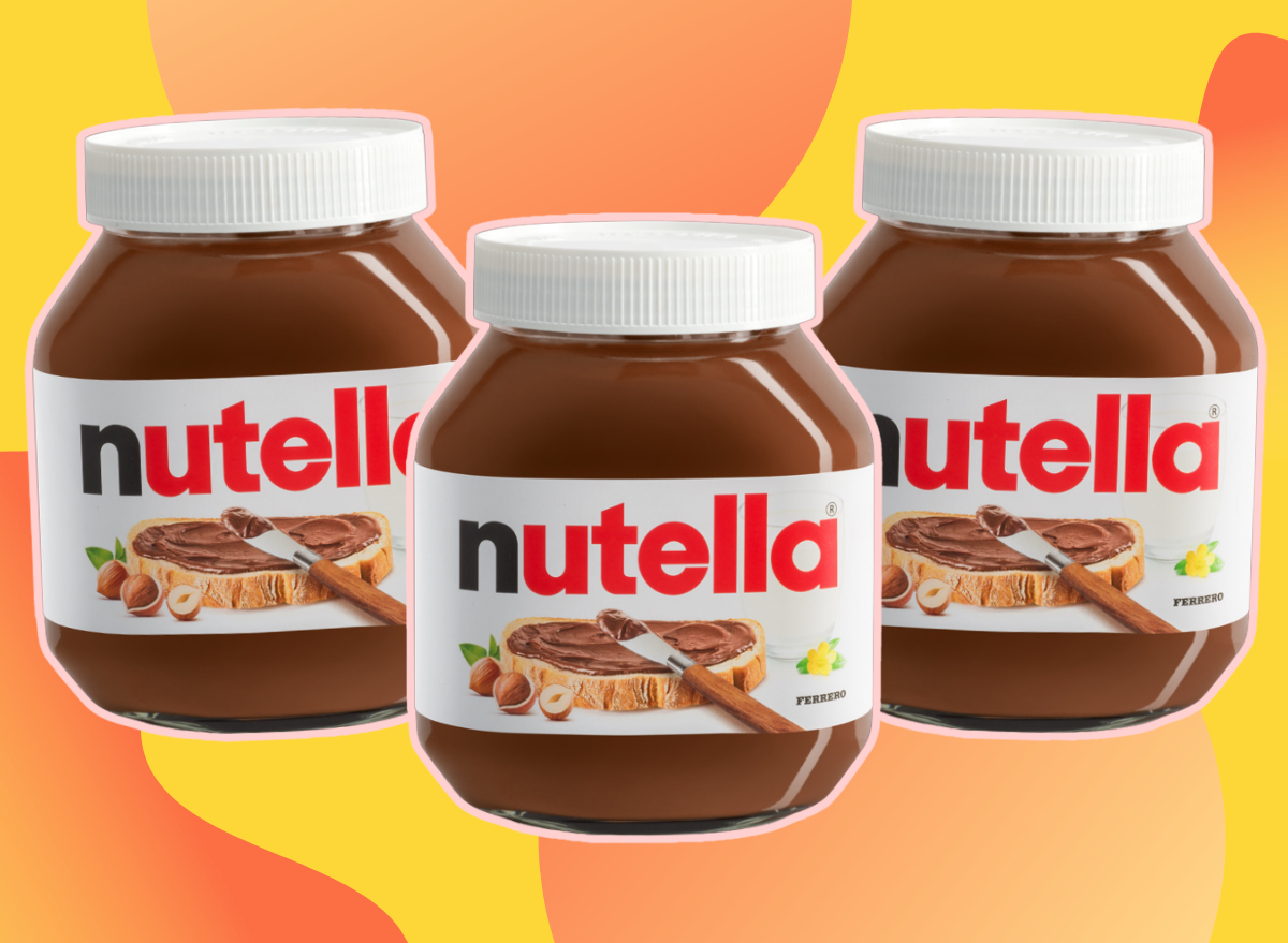 jar of nutella on a designed yellow and red background