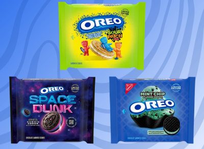 three different packages of oreos on a designed blue background