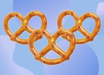 collage of three isolated pretzels on a designed blue background