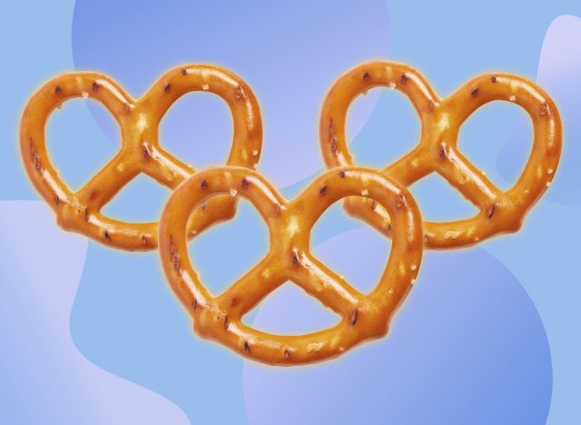 collage of three isolated pretzels on a designed blue background