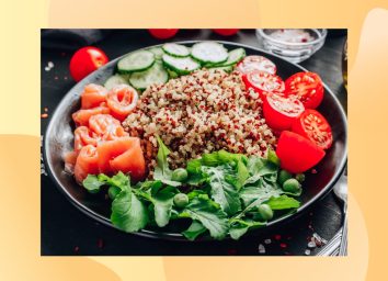 smoked salmon quinoa Mediterranean Diet bowl with veggies