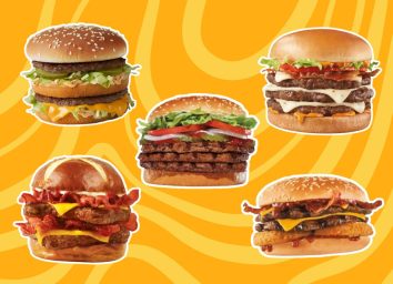 five burgers on a yellow background