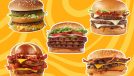 five burgers on a yellow background