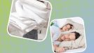 design of Scandinavian sleep method concept; a couple sleeping peacefully and a woman holding a duvet