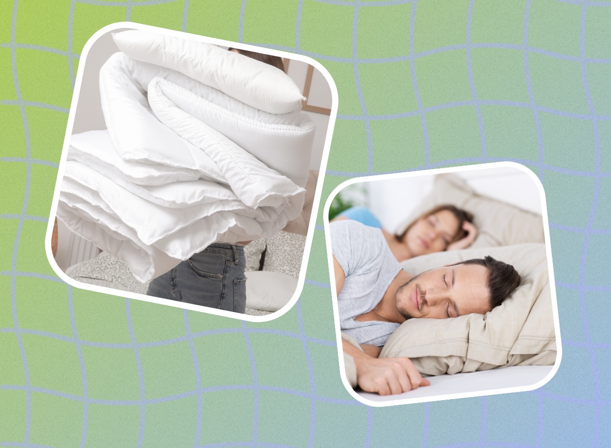 design of Scandinavian sleep method concept; a couple sleeping peacefully and a woman holding a duvet