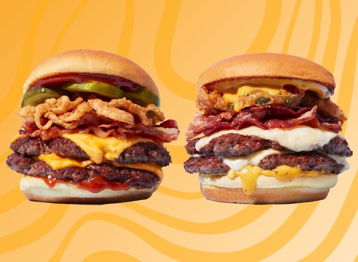 shake shack smoky classic bbq burger and carolina bbq burger over a designed orange background