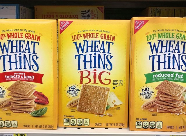Wheat Thins on a grocery store shelf.