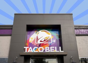 taco bell storefront on a blue designed background